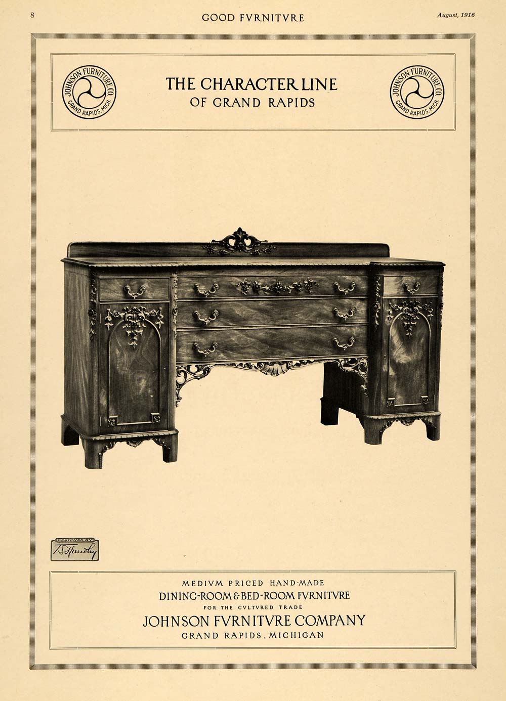 1916 Ad Dresser Buffet Table Johnson Furniture Company Original