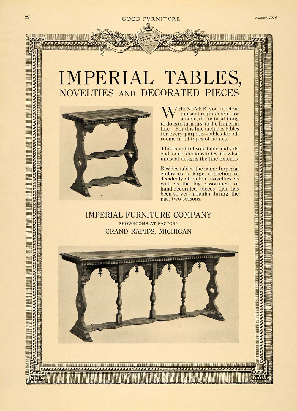 1916 Ad Sofa End Tables Imperial Furniture Company Deco Original