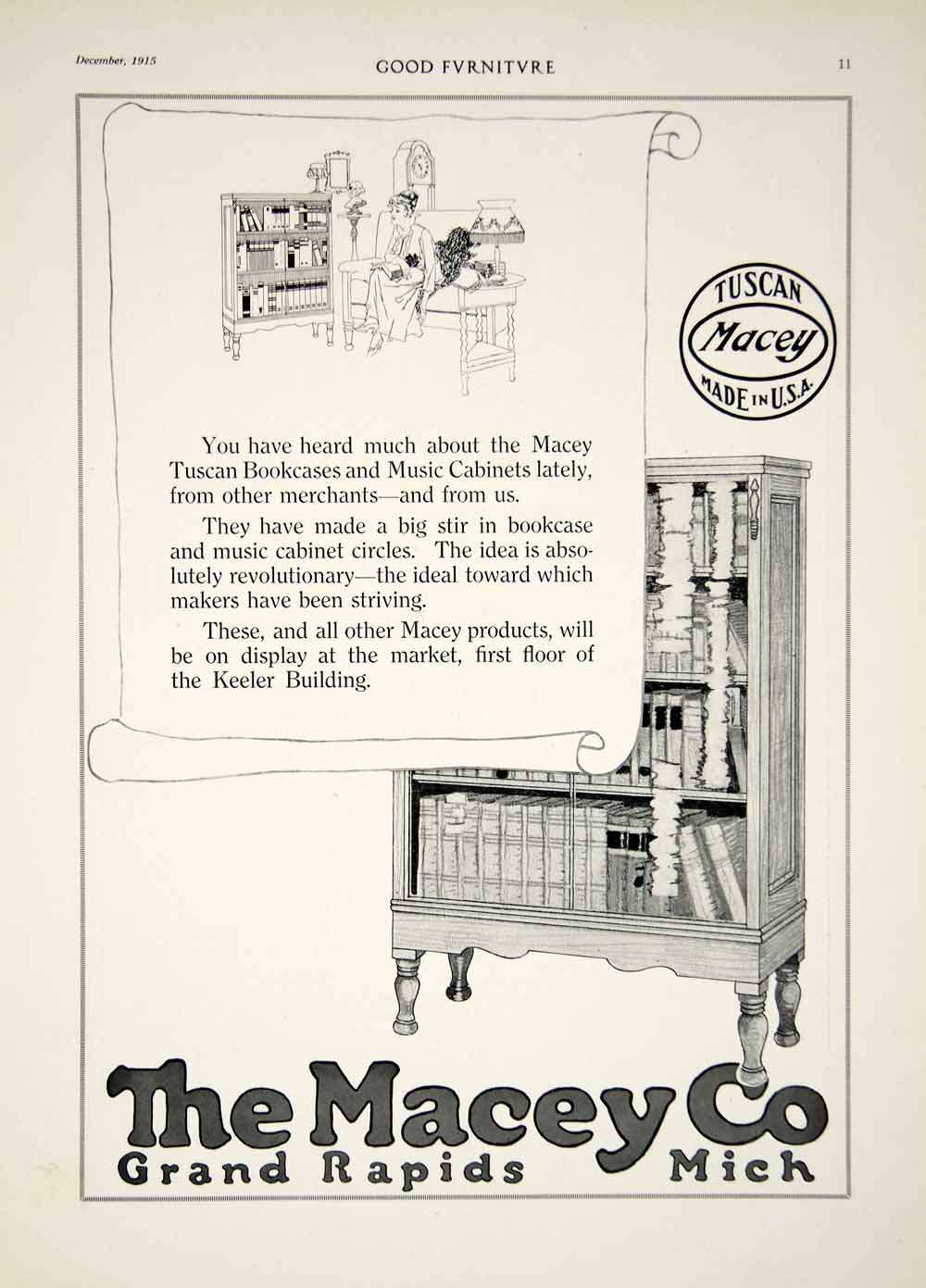 1915 Ad Macey Tuscan Bookcase Music Cabinet Furniture Grand Rapids