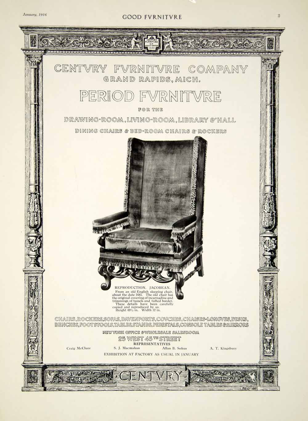 1916 Ad Century Period Furniture Jacobean English Sleeping Chair