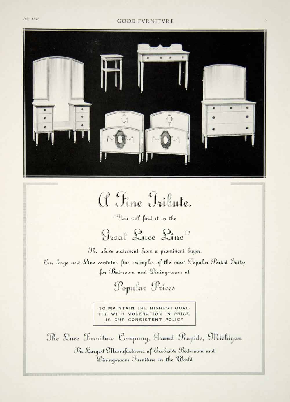 1916 Ad Vintage Luce Furniture Bedroom Bed Dresser Vanity Desk