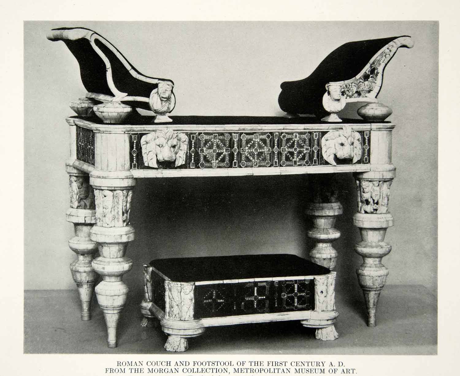 1918 Print Antique Roman Couch Footstool 1st Century Furniture