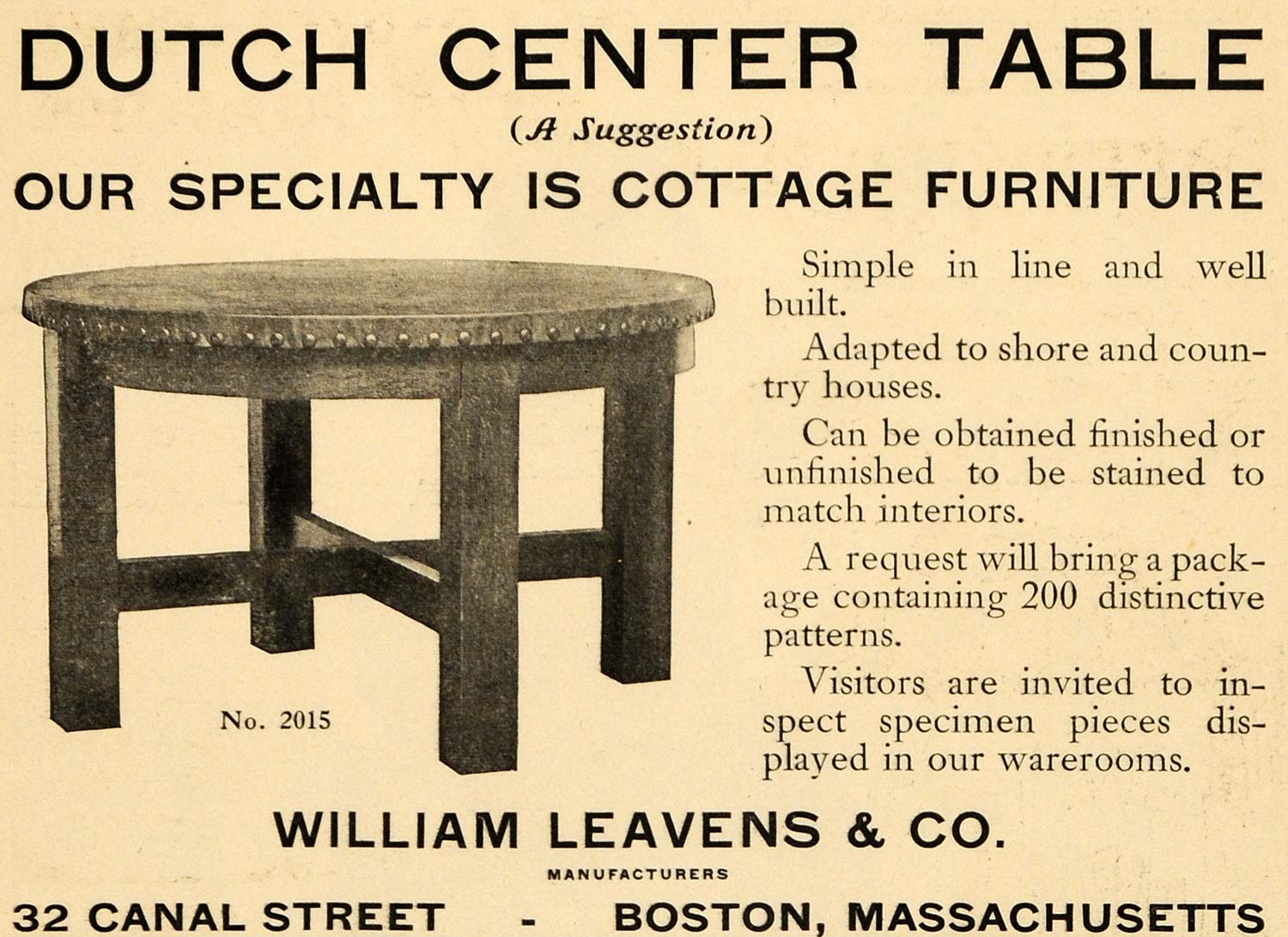 1908 Ad William Leavens Dutch Table Cottage Furniture Original