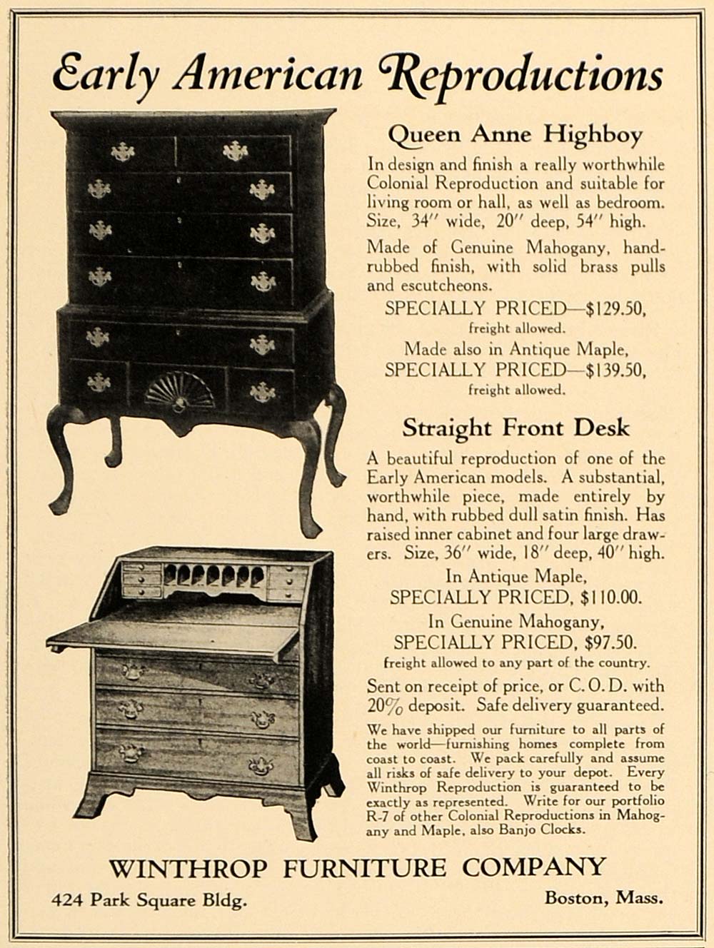 1926 Ad Queen Anne Highboy Straight Front Desk Winthrop Original