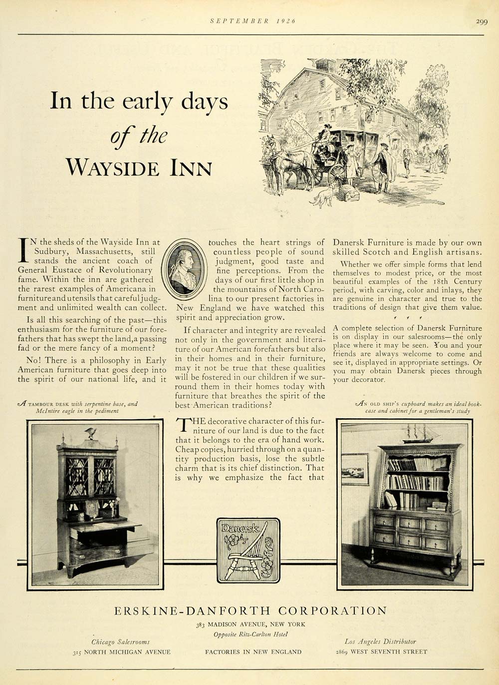 1926 Ad Wayside Inn Sudbury Ma Early American Furniture Danersk