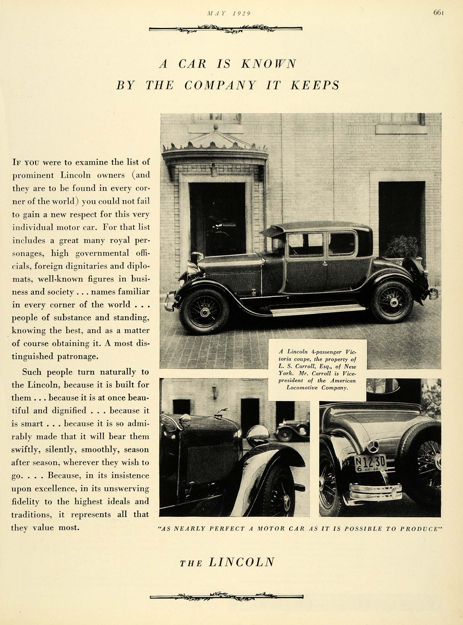 1929 Ad Lincoln Car Automobile L S Carroll New York Vehicle ...