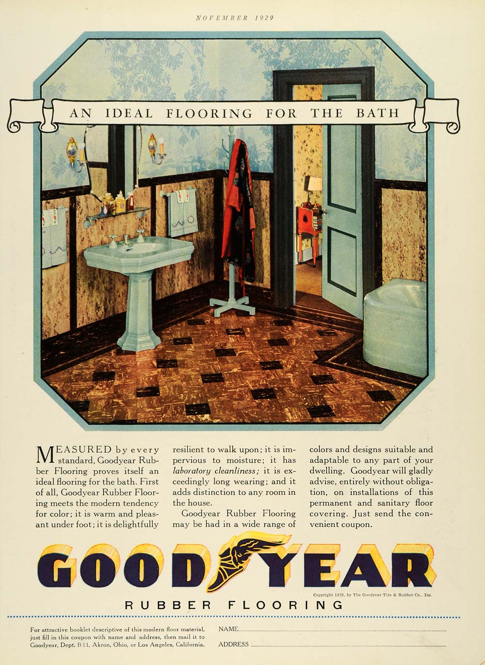 1929 Ad Goodyear Rubber Flooring Bathroom Home Decor Sink Bath