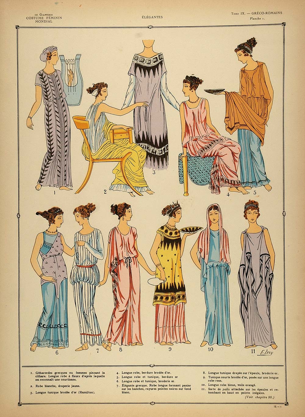 1922 Pochoir Greco Roman Women Costume Stola Tunic Lyre - ORIGINAL HCF ...