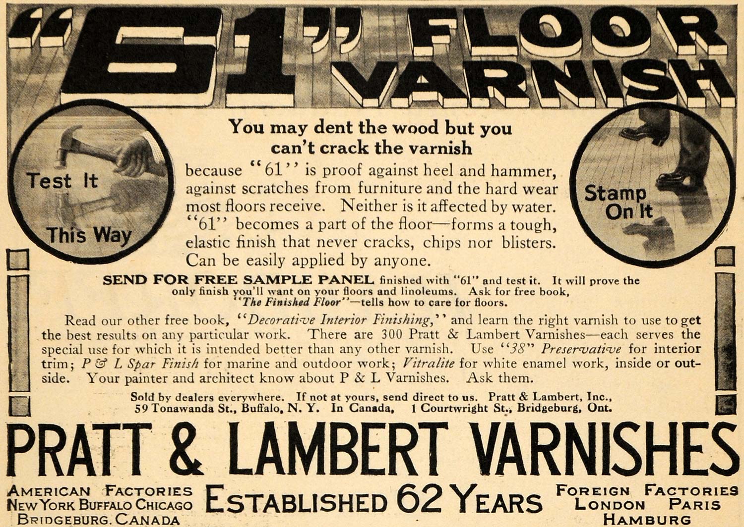 1911 Ad 61 Floor Varnish Pratt & Lambert Wood Finish - ORIGINAL ADVERTISING HM1