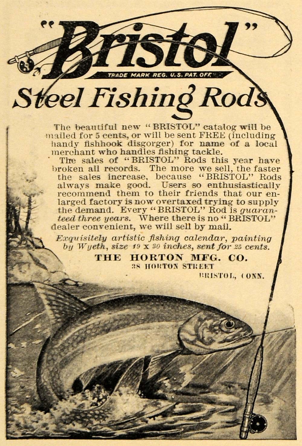 1910 Ad Bristol Steel Fishing Rods Hook Disgorger - ORIGINAL