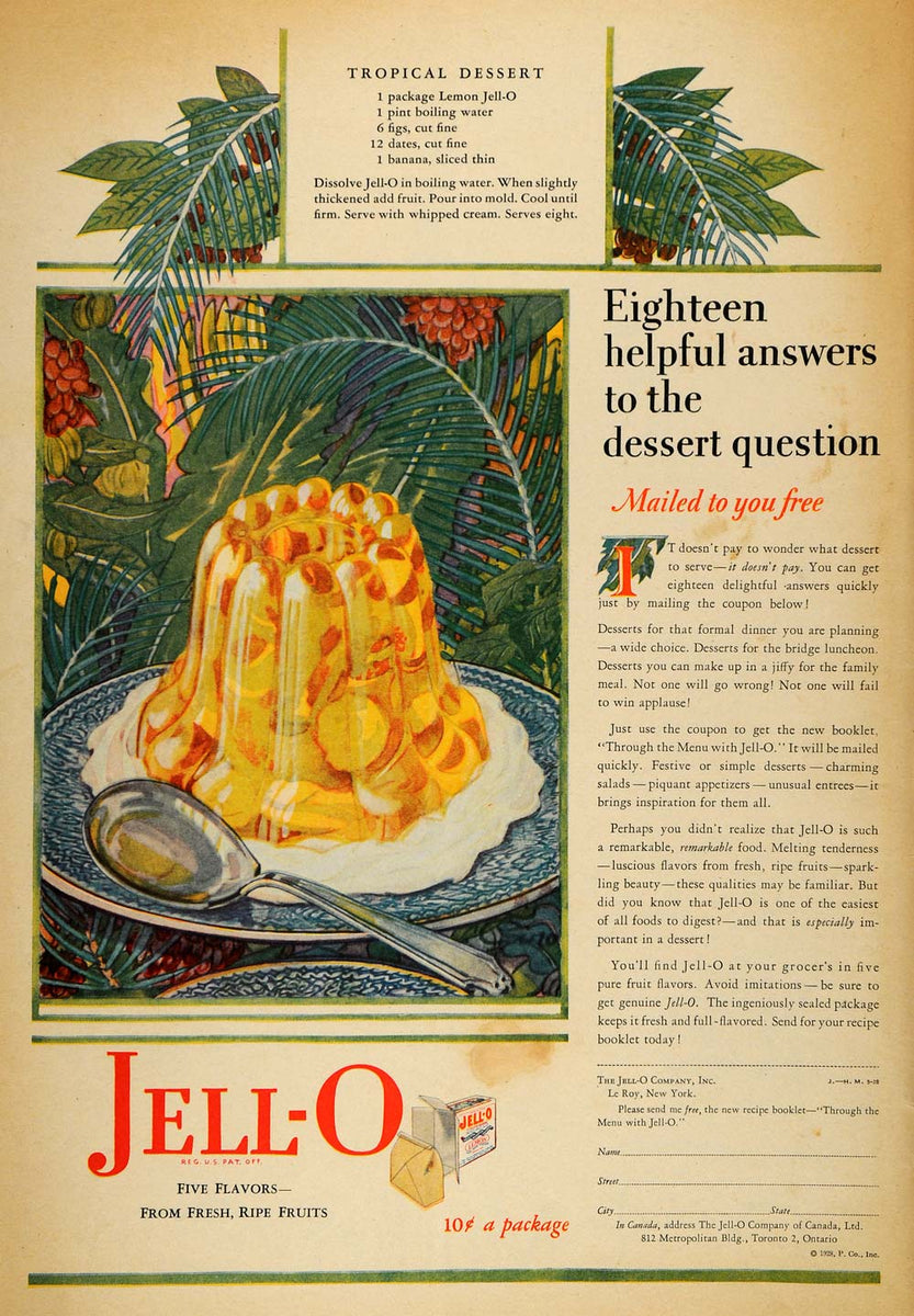 1928 Ad Jell-O Tropical Dessert Mold Recipe Pricing - ORIGINAL ADVERTI ...