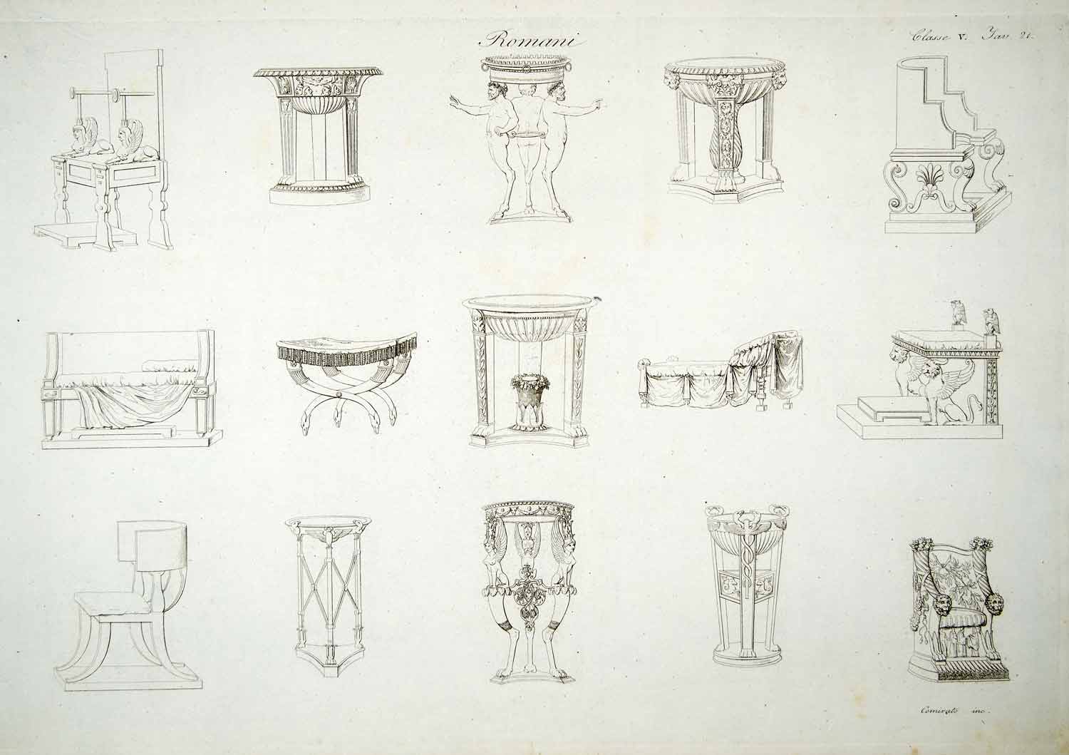 1833 Copper Engraving Art Ancient Roman Rome Furniture Chair