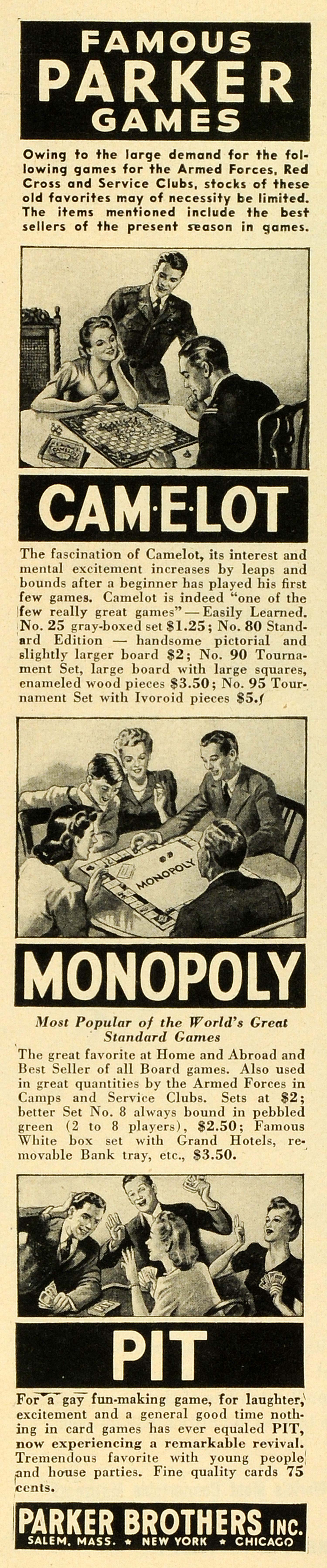 kortademigheid Dochter Sluipmoordenaar 1944 Ad Parker Brothers Board Games Monopoly Camelot Pit Family LF5 –  Period Paper Historic Art LLC