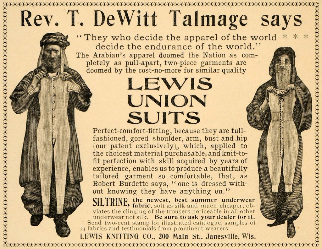 1898 Vintage Ad Lewis Union Suit Siltrine Janesville WI - ORIGINAL OLD –  Period Paper Historic Art LLC
