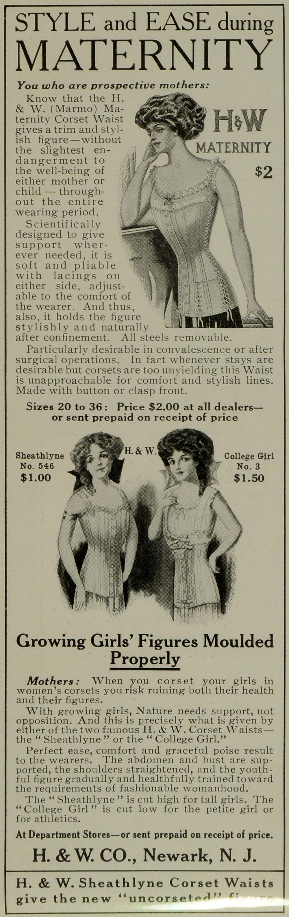 1911 Ad H W Maternity Corset Victorian Clothing Accessories