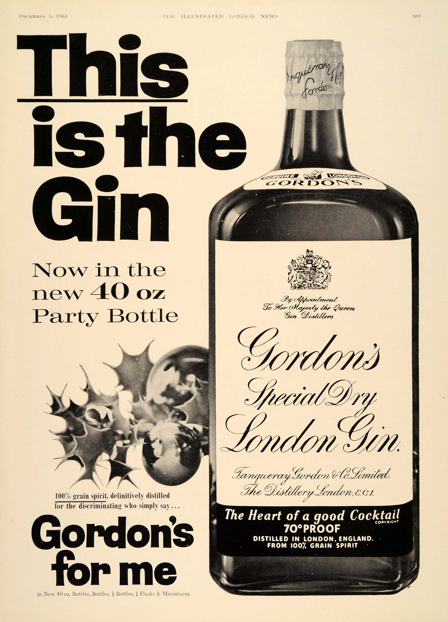 1964 Ad Gordon's Dry London Gin 40 Oz. Party Bottle - ORIGINAL ADVERTISING LN1