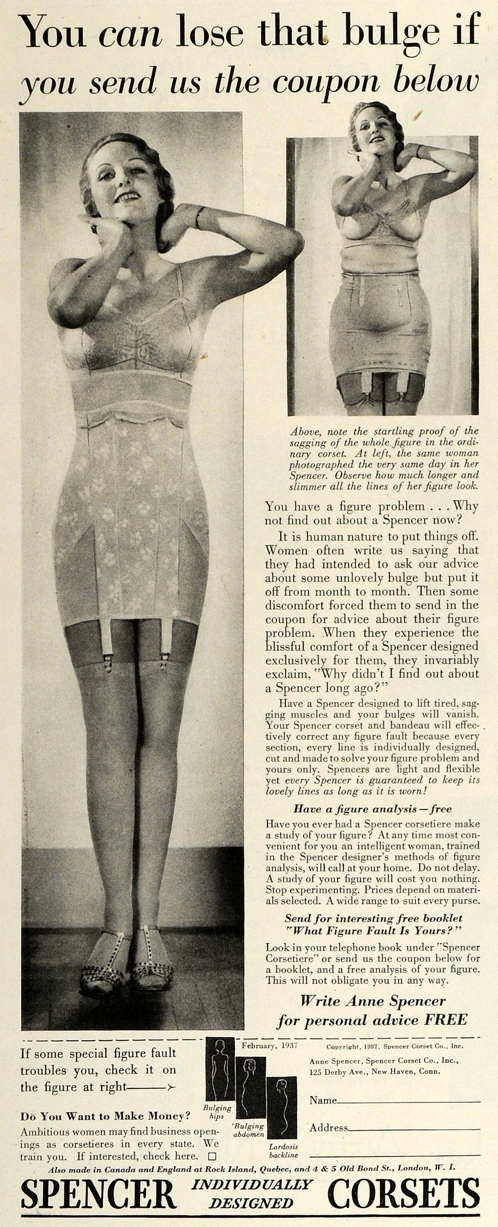 1940 U.S. Magazine Spencer Corsets Advert, Stock Photo, Picture