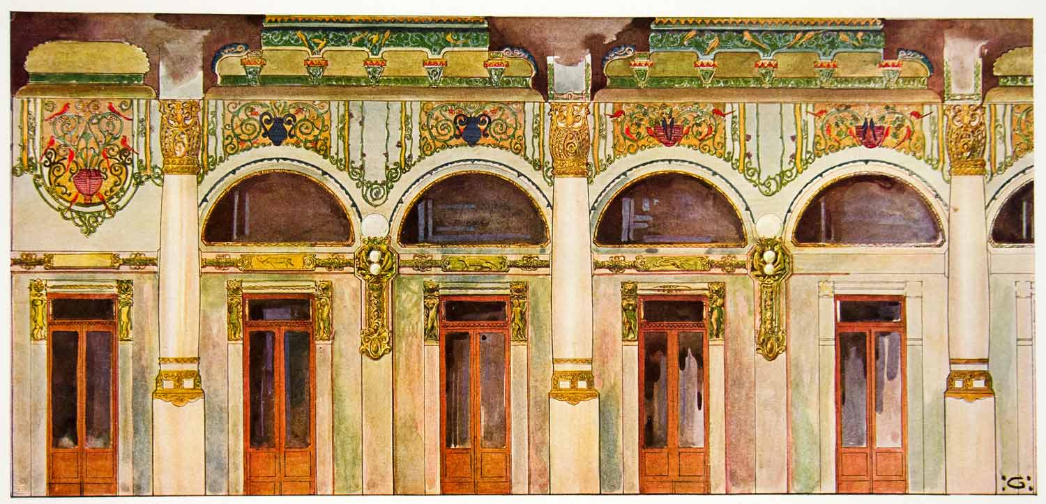 1917 Photolithograph Art Nouveau Interior Design Restaurant Marble Bronze Mda5