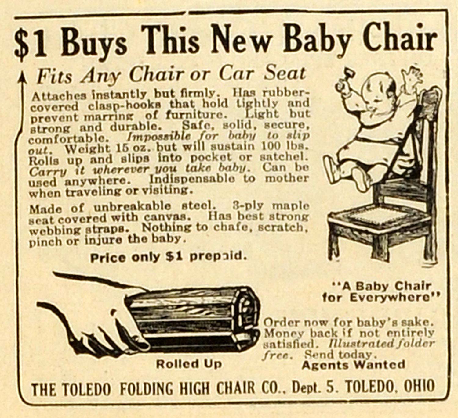 1914 Ad Toledo Folding Chairs High Seat Baby Newborn Portable