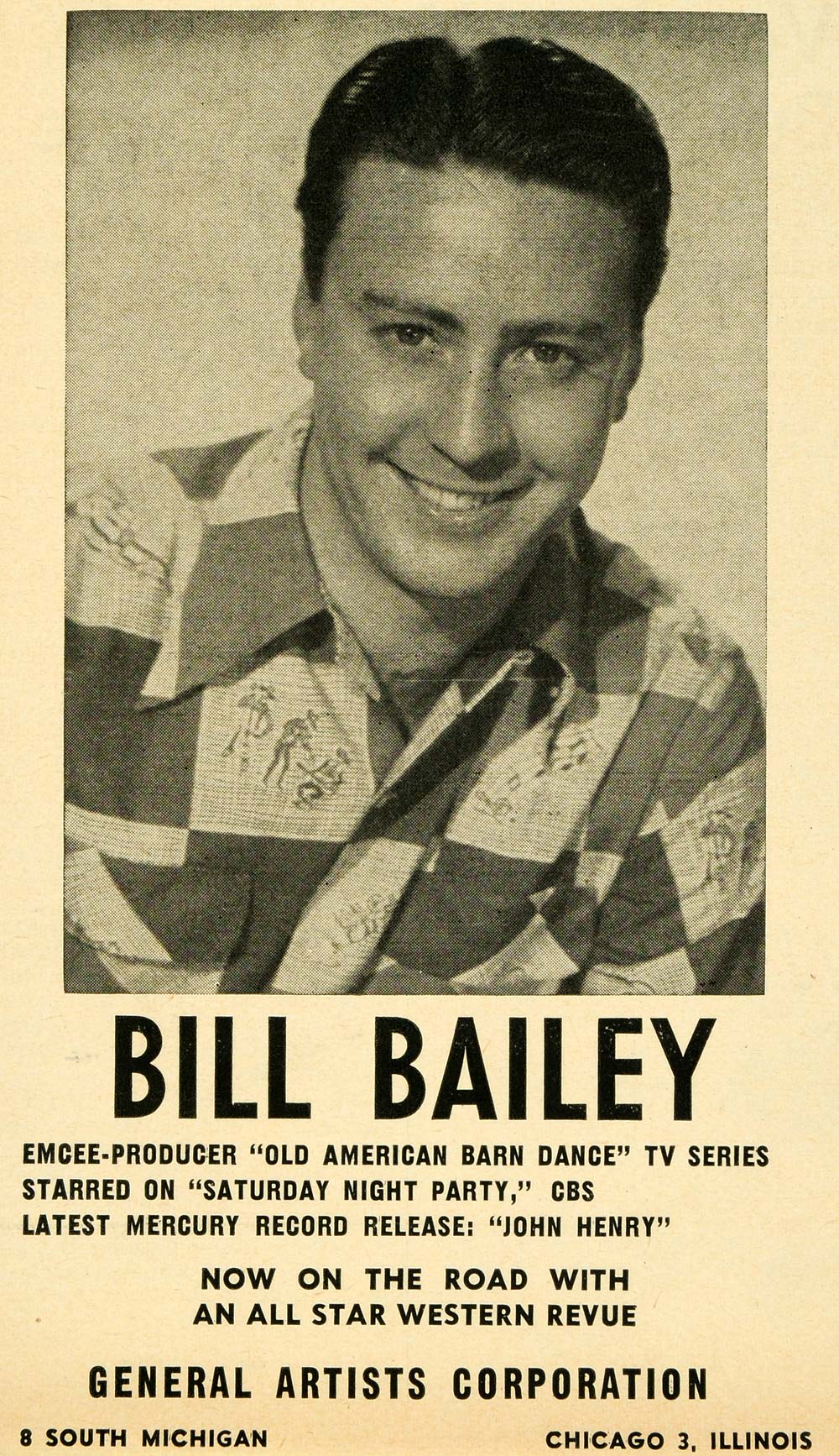 1953 Ad General Art Bill Bailey Barn Dance Western Tour Original