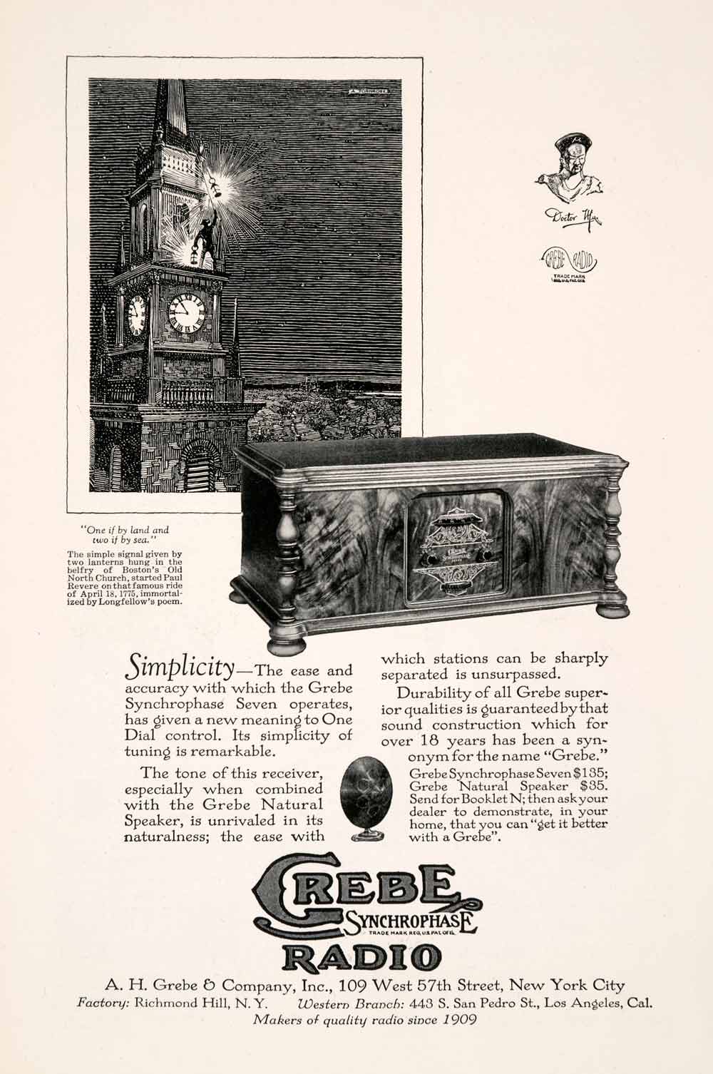 1927 Ad Grebe Synchrophase Radio Boston North Church Paul Revere Longf –  Period Paper Historic Art LLC