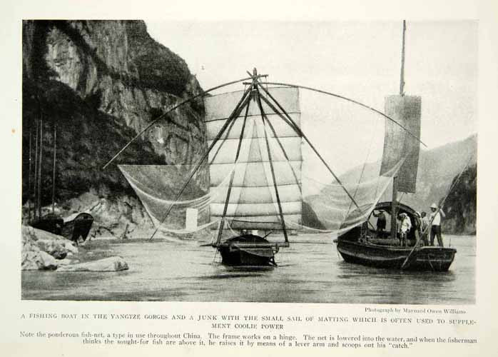 1920 print chinese fishing boat yangtze river nets