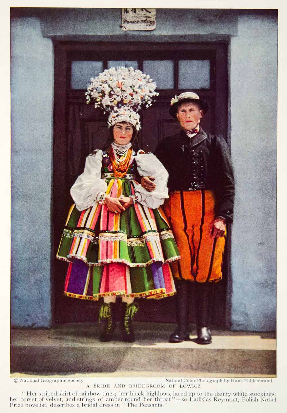 1933 Color Print Lowicz Poland Wedding Traditional Dress Bridge Groom ...
