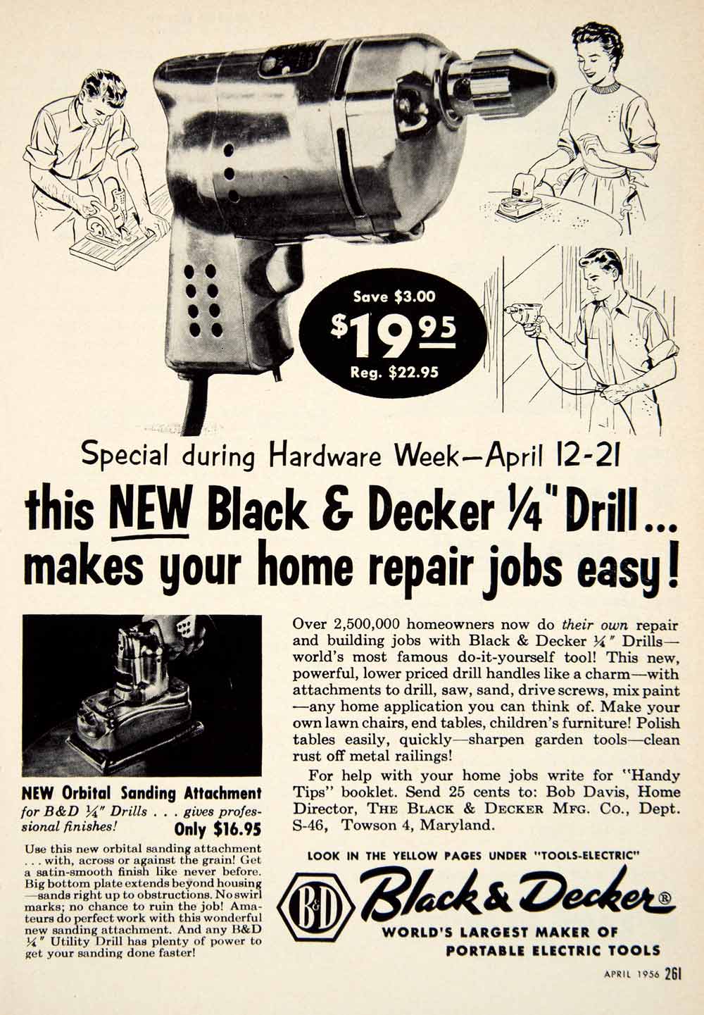 1957 Black & Decker Tools Ad Matted Vintage 11x14 Print 