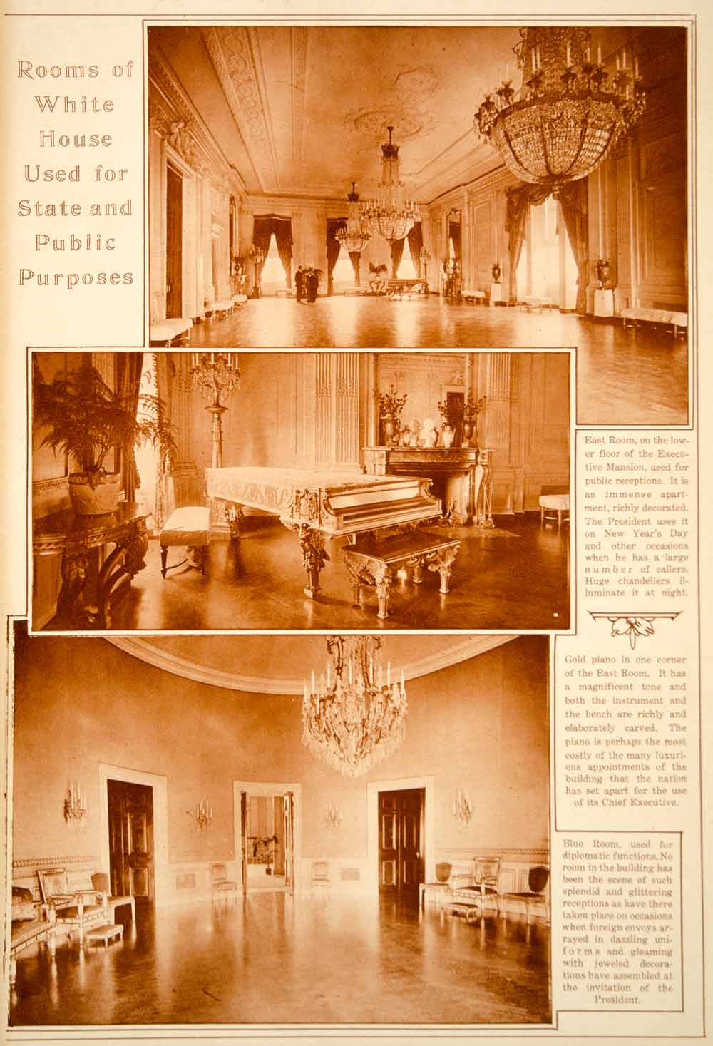 1923 Rotogravure White House East Room Piano Blue Washington D C Historic Image