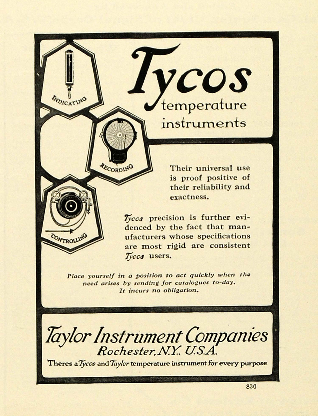 1913 Tycos Recording Thermometer Taylor Instrument Company 23600 Black