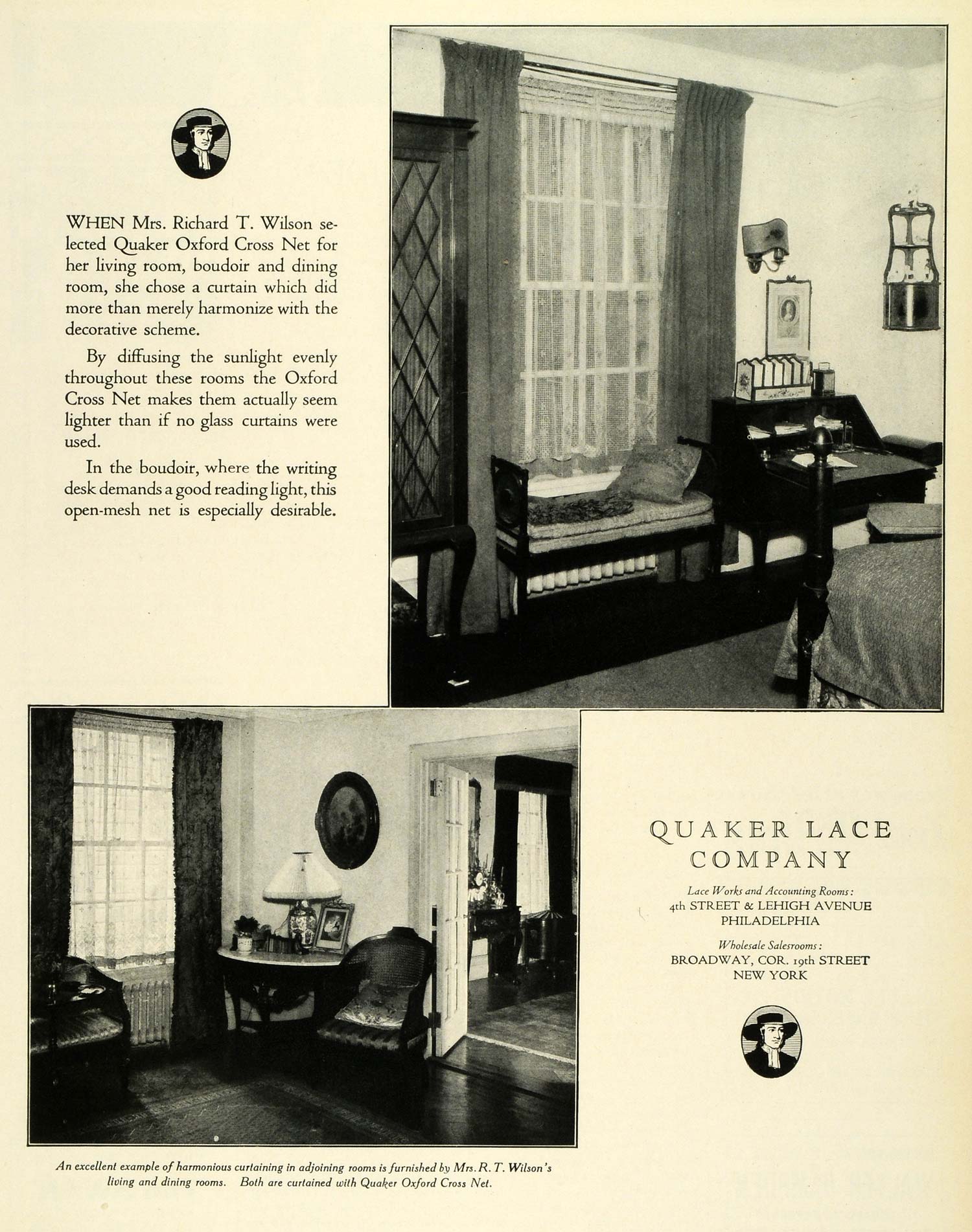 1924 Ad Quaker Lace Oxford Cross Net Draperies Home Decor Mrs Richard T Thm