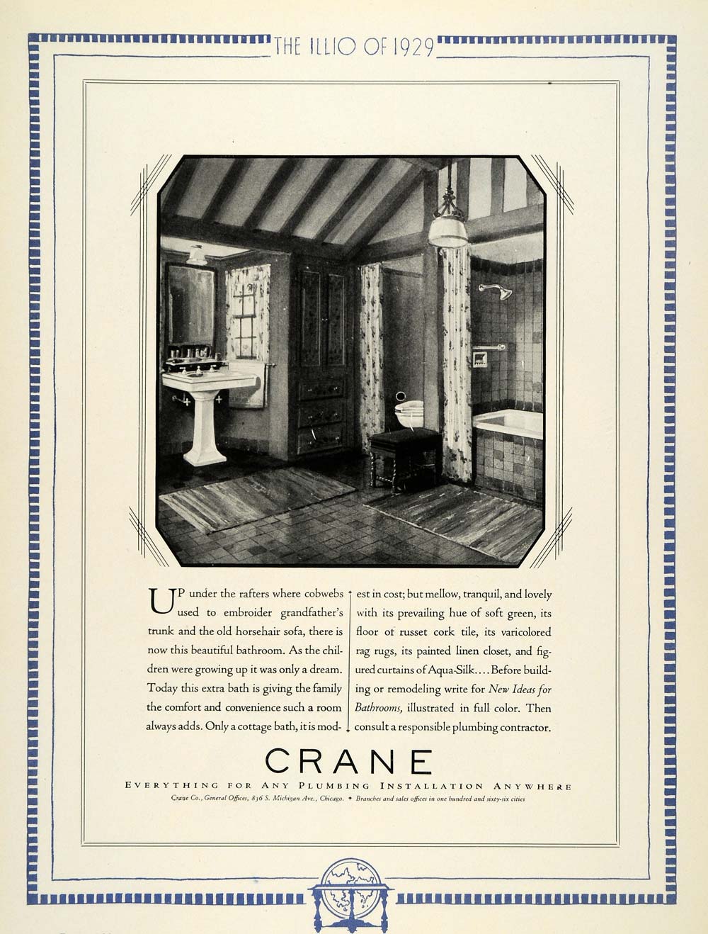 1929 Ad Crane Plumbing Bathroom Fixtures Bath Sink Tile Illio Chicago Til1