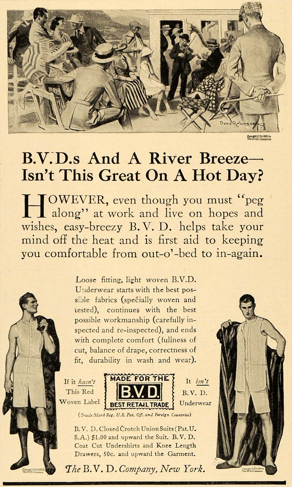 After a plunge & after - cool clean B V D Men's Underwear ad 1919 Col