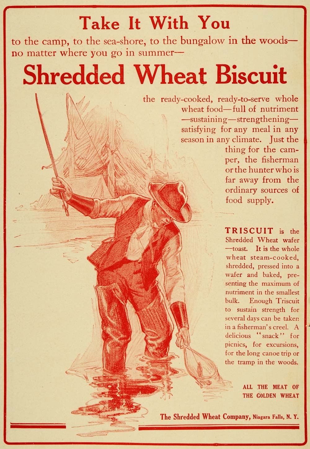1910 Ad Shredded Wheat Co. Biscuit Triscuit Fishing - ORIGINAL ADVERTISING TIN4
