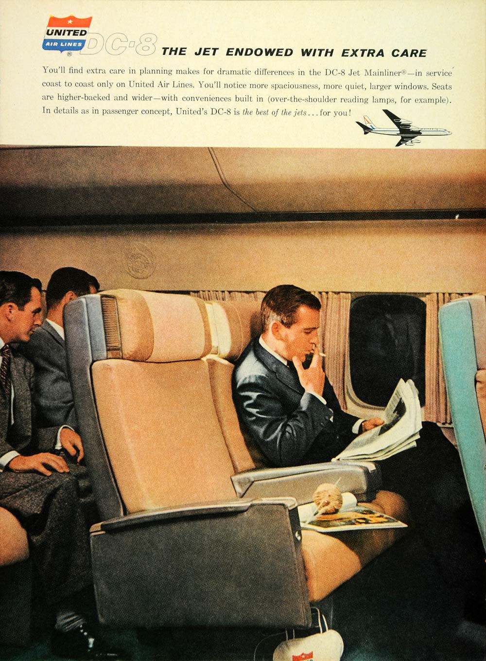 1960 Ad Dc 8 Interior United Airlines Passenger Smoking Original Tm3
