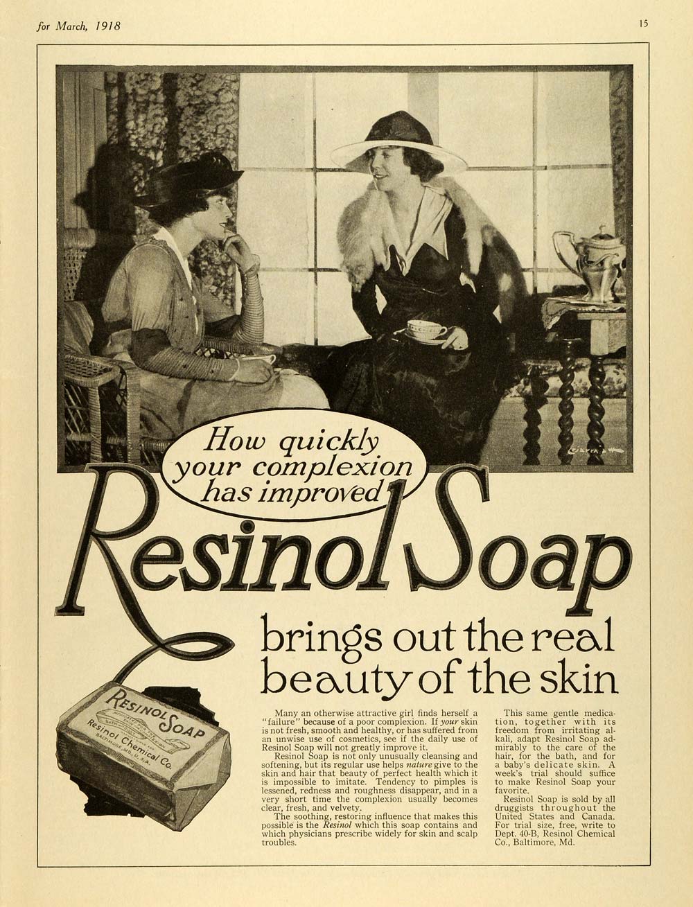 1918 Ad Resinol Soap Skin Care Ointment Complexion Medication Hair