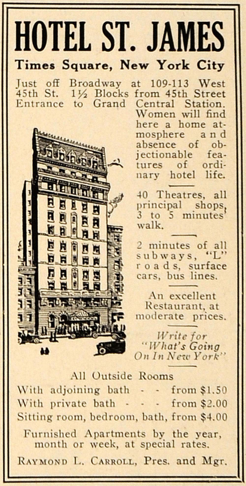 1918 Ad Hotel St James Times Square New York Station Original Trv1 Period Paper Historic Art Llc