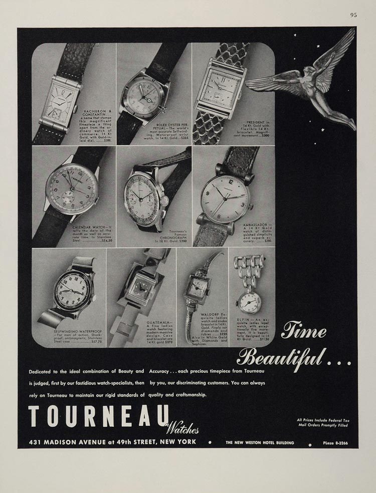 1944 Print Ad Tourneau Watches Rolex Chronograph Angel - ORIGINAL WW2 ...