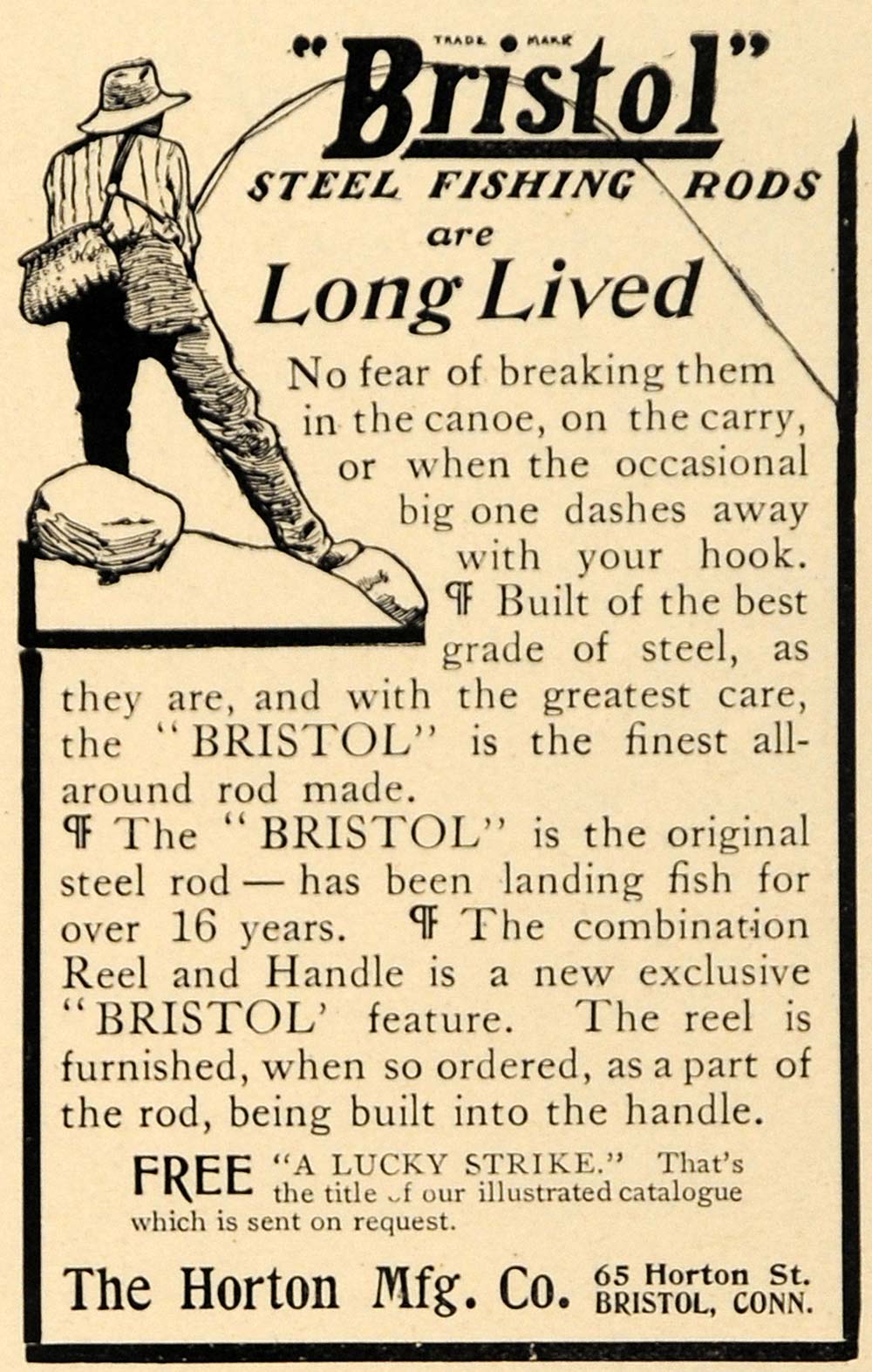 1909 Ad Bristol Steel Fishing Rods Fish Hook Horton - ORIGINAL
