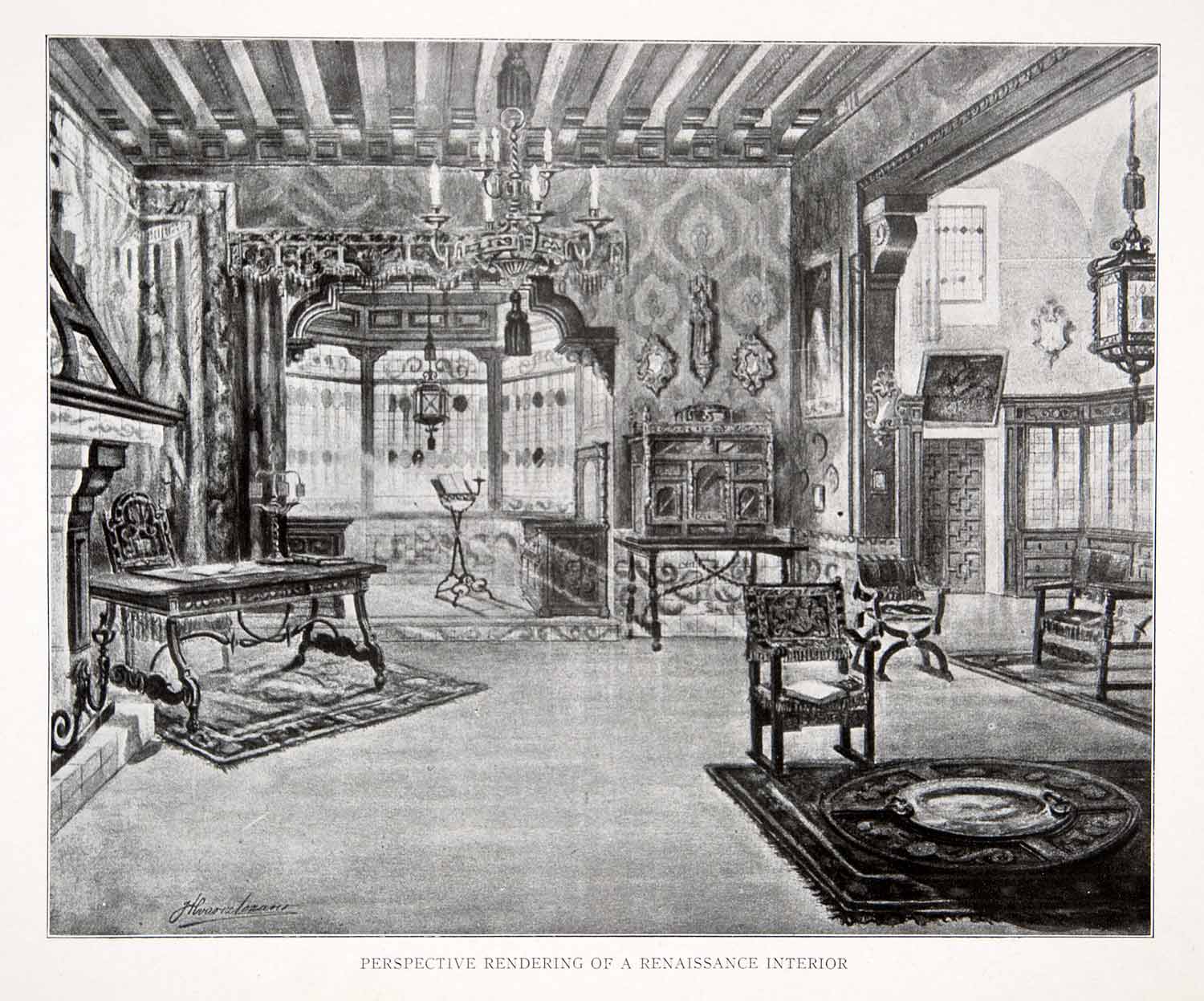1925 Print Renaissance Living Drawing Room Interior Parlor Architecture Xdc5