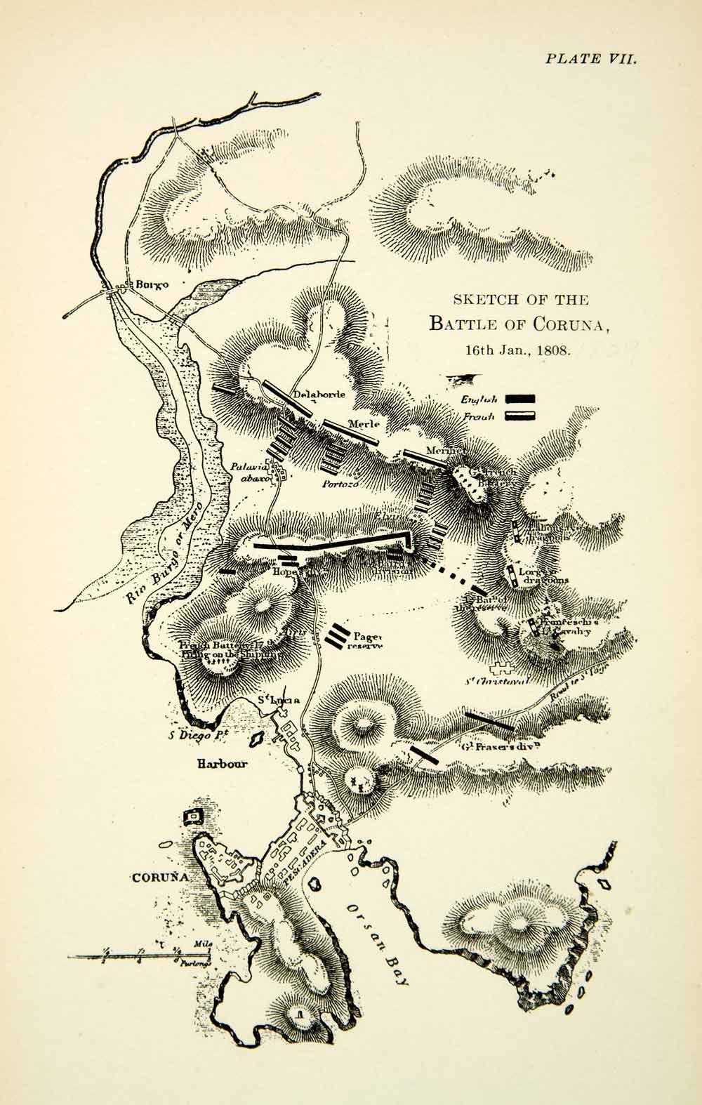 1904 Print Map Peninsular War Battle Coruna Napoleonic French English Period Paper Historic 1687