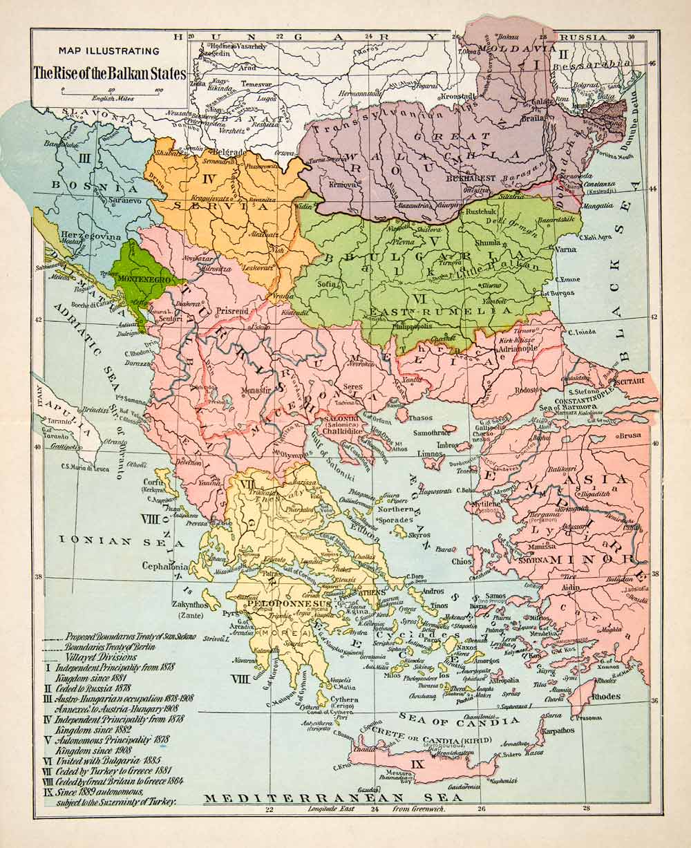 1936 Print Map Rise Balkan States Bosnia Servia Roumania Bulgaria Turk ...