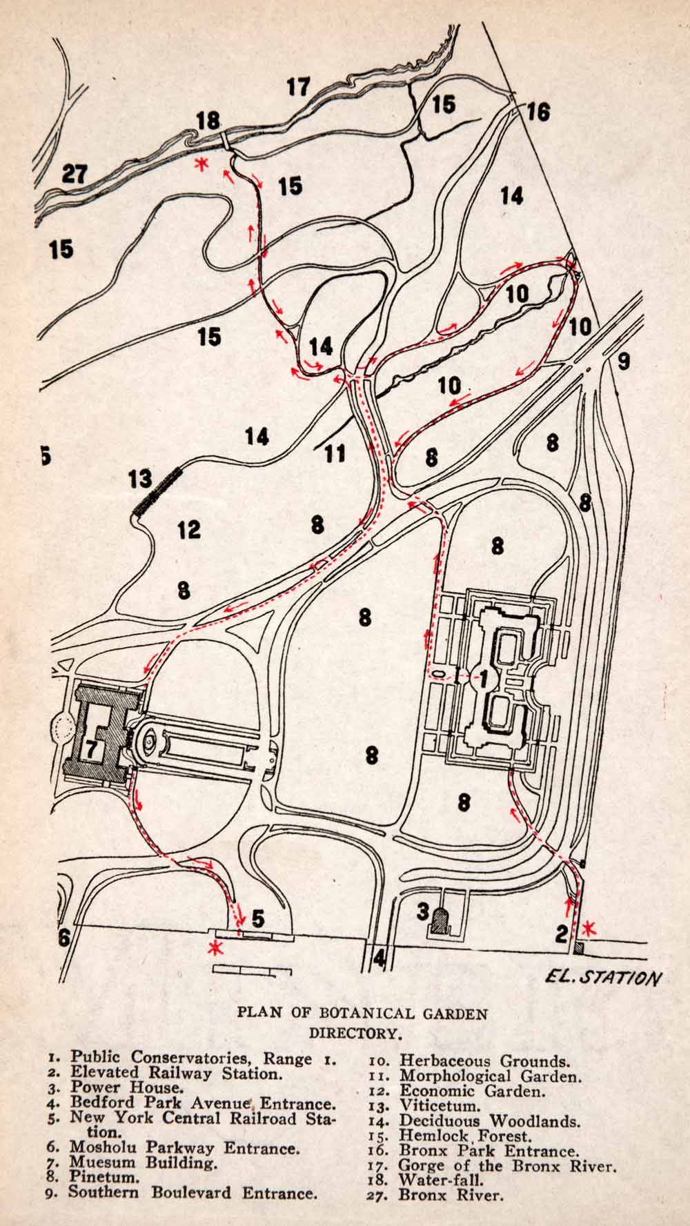 1910 Lithograph Conservatory New York Botanical Garden Map