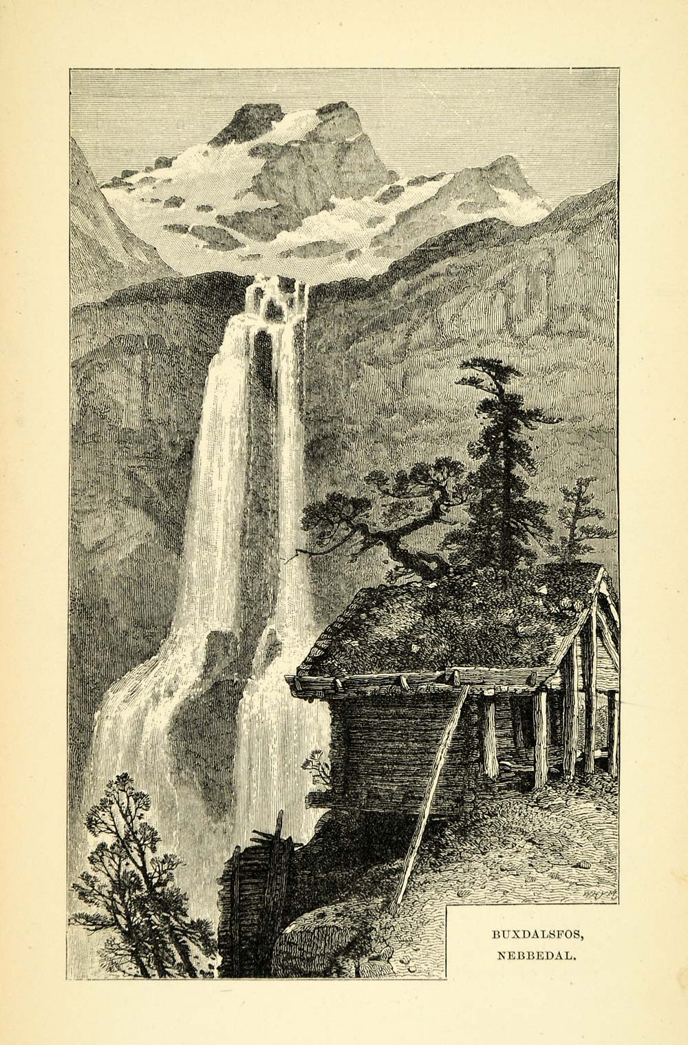 16 Wood Engraving Buxdalsfos Nebbedal Waterfall Norway Nordic Mounta Period Paper Historic Art Llc