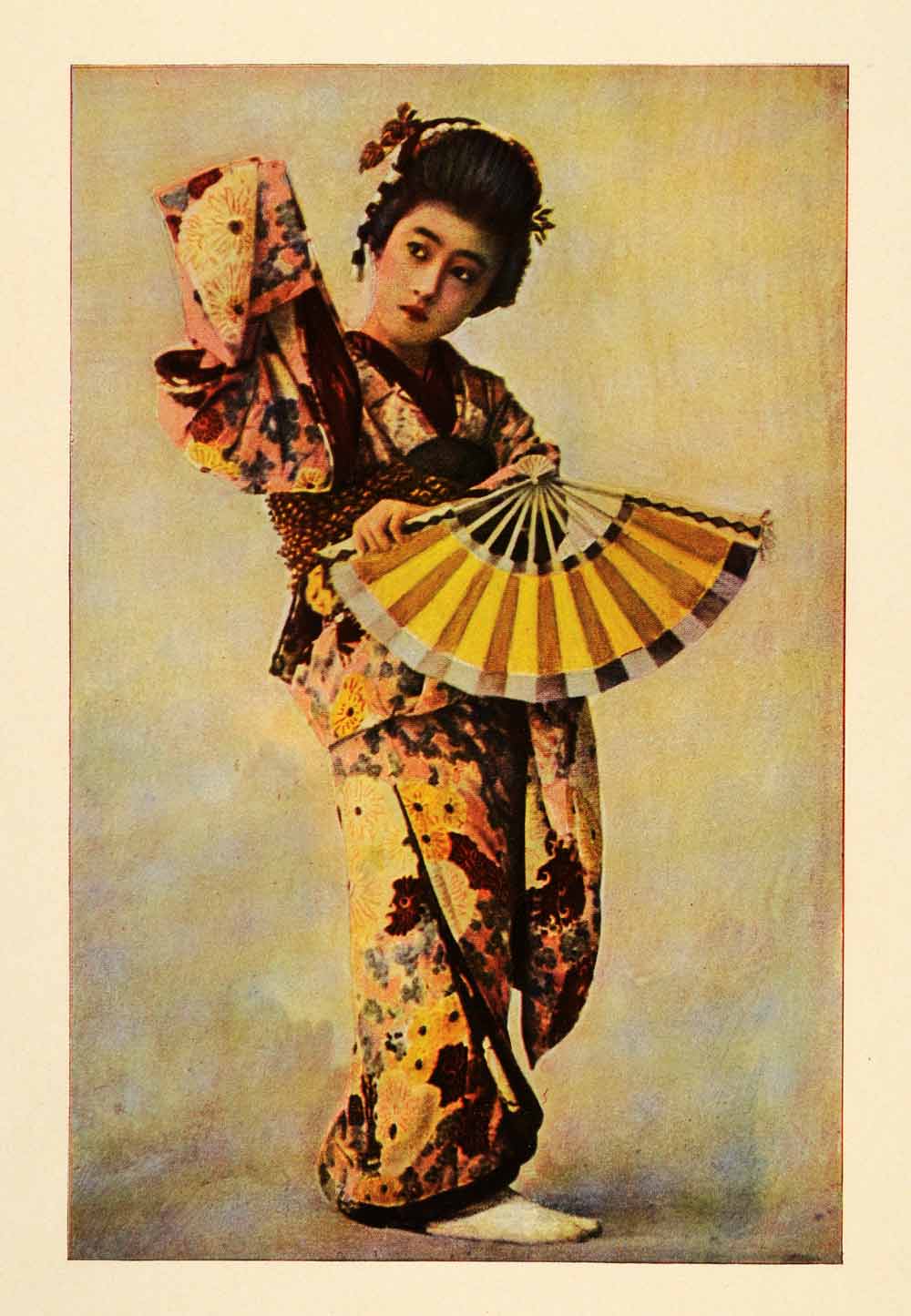 Vintage Japanese Geisha Nude Art - 1903 Print Japanese Geisha Traditional Dress Costume Fan Portrait Japan XGM1