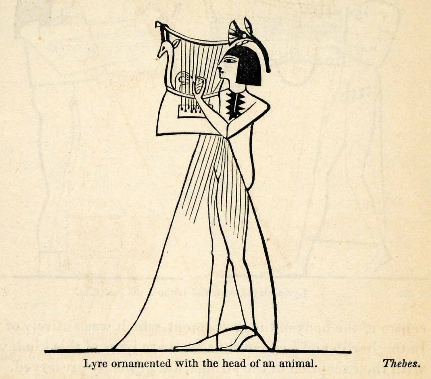 1854 Woodcut Ancient Egyptian Lyre Musician Animal Head