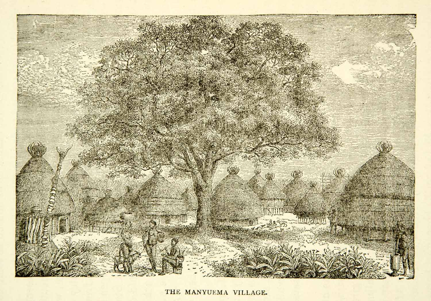 1884 Wood Engraving Manyuema Village Africa Tree Nude -6240