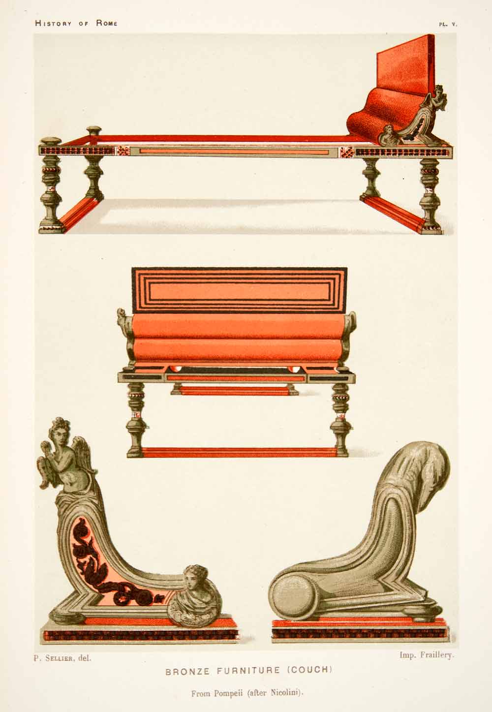 1890 Chromolithograph Ancient Pompeian Bronze Furniture Couch Sofa