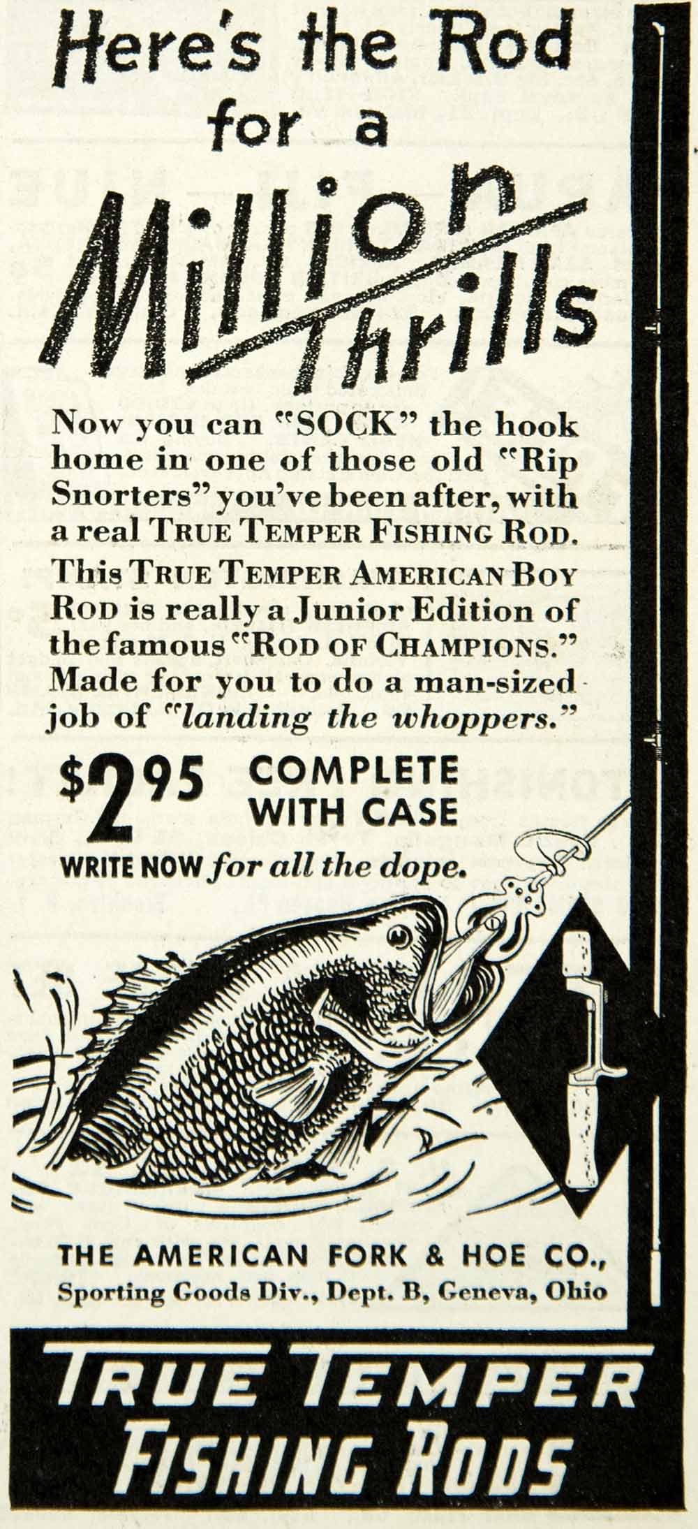 1936 Ad American Fork & Hoe Co. True Temper Fishing Rod - ORIGINAL SPM –  Period Paper Historic Art LLC