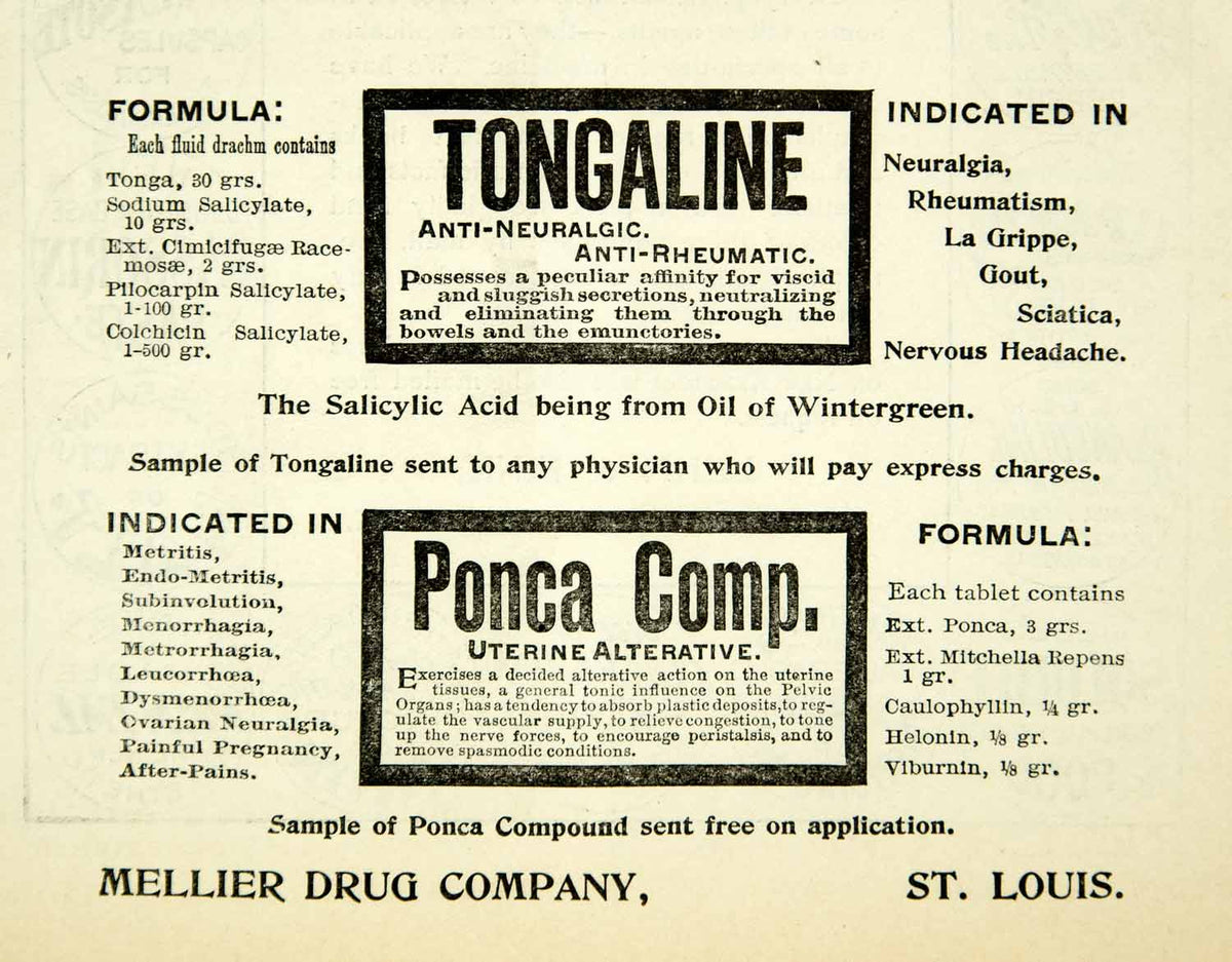 1894 Ad Mellier Drug Tongaline Ponca Tonic Health St Louis MO Anti YBM ...